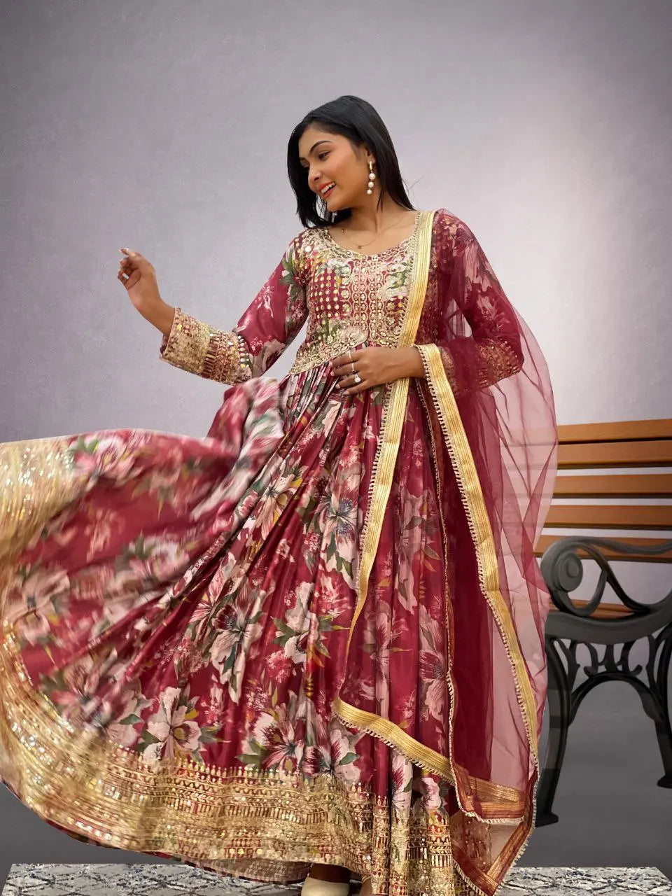 Elegant 3-Piece Gown Set with Dupatta & Bottom - Premium Chinon Silk with Embroidery Work NextBuy