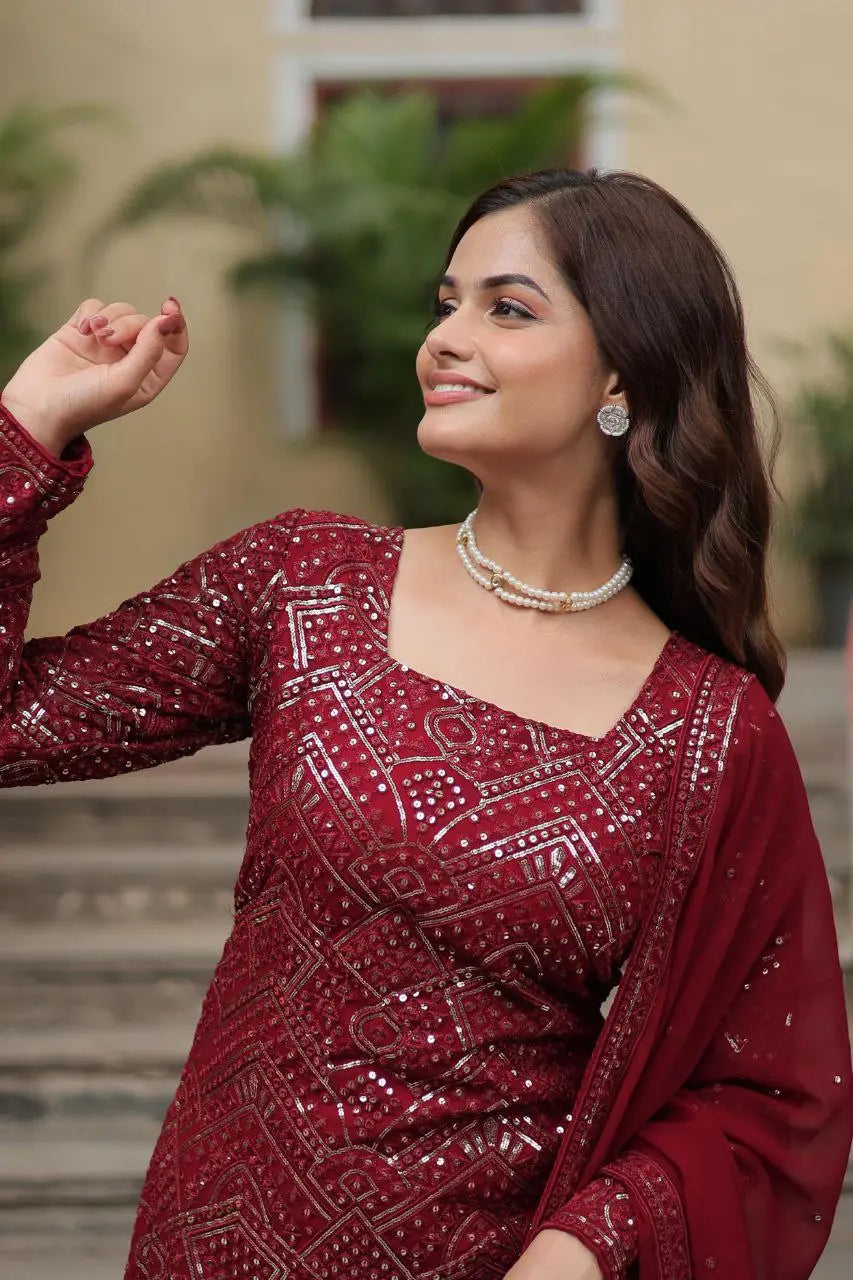 Elegant Maroon Sharara Suit – Faux Georgette with Sequins Embroidery, Includes Top, Sharara & Dupatta