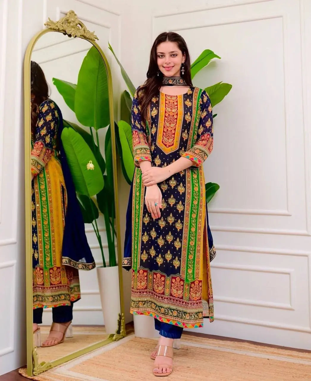Traditional Maslin Kurta Set in Pakistani Madhuri Blue with Rayon Pants and Dupatta