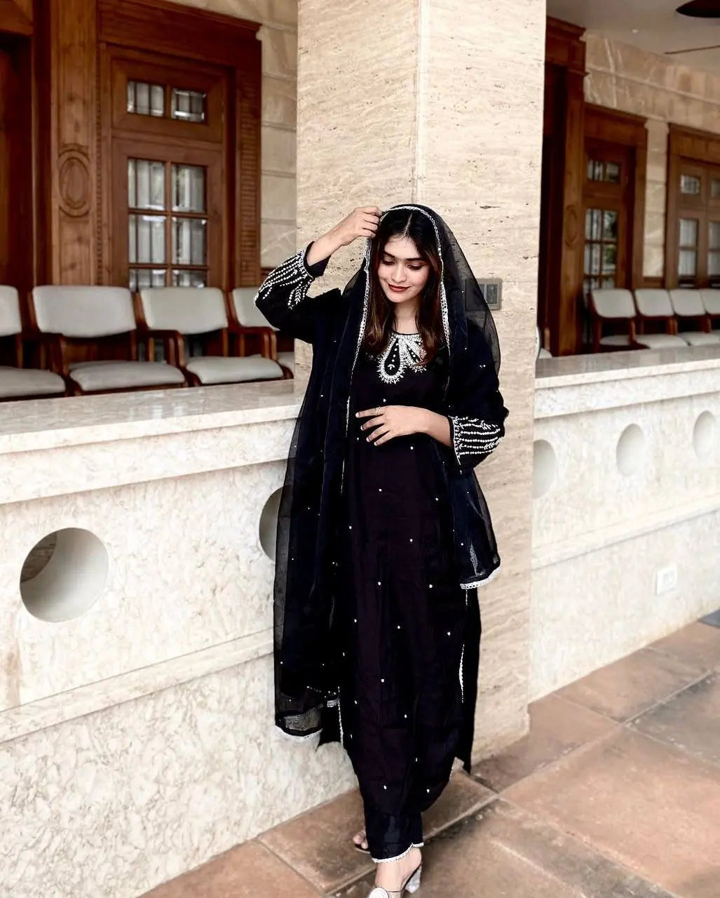 Muslin Cotton Kurti-Plazzo Set with Sequins Work and Georgette Dupatta