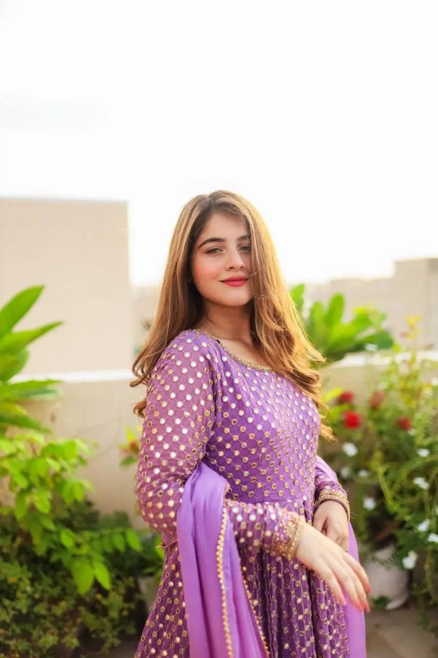 Fox Georgette Anarkali Gown with 9MM Sequins Work and Fancy Lace Sleeves