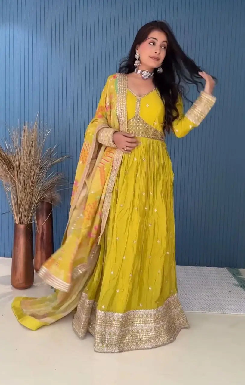 Heavy butter silk pant with pure Cinon silk dupatta in digital print and embroidery