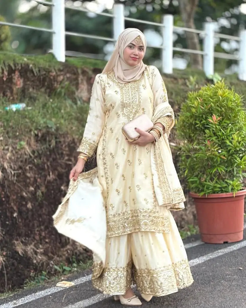 Traditional Outfit – Chinon Silk Kurti Sharara Set with Sequins Work