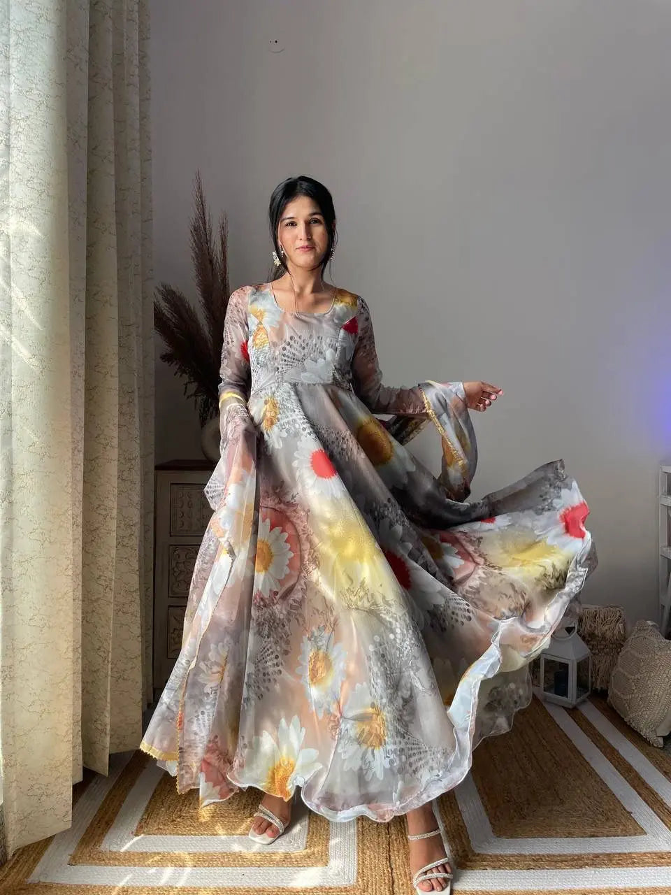 Elegant Gown with Dupatta in Organza Taby Silk with Digital Print