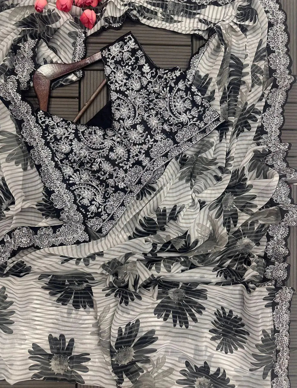 Elegant Embroidery Cording Work Ready to Wear Saree with Fully Stitched Blouse