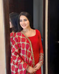 Elegant Red Embroidered Suit with Intricate Floral Patterns and Patola Dupatta