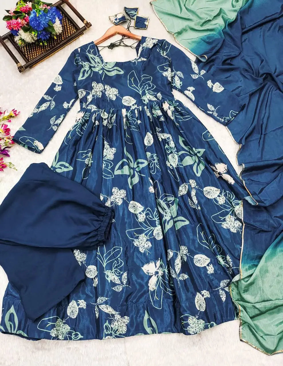 Elegant Blue Muslin Suit with Chinnon Silk and Two Shaded Dupatta