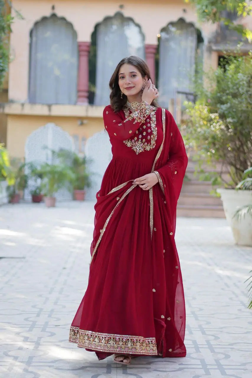 Faux Gown in Blooming Georgette – Elegant embroidered gown with sequins and matching dupatta.