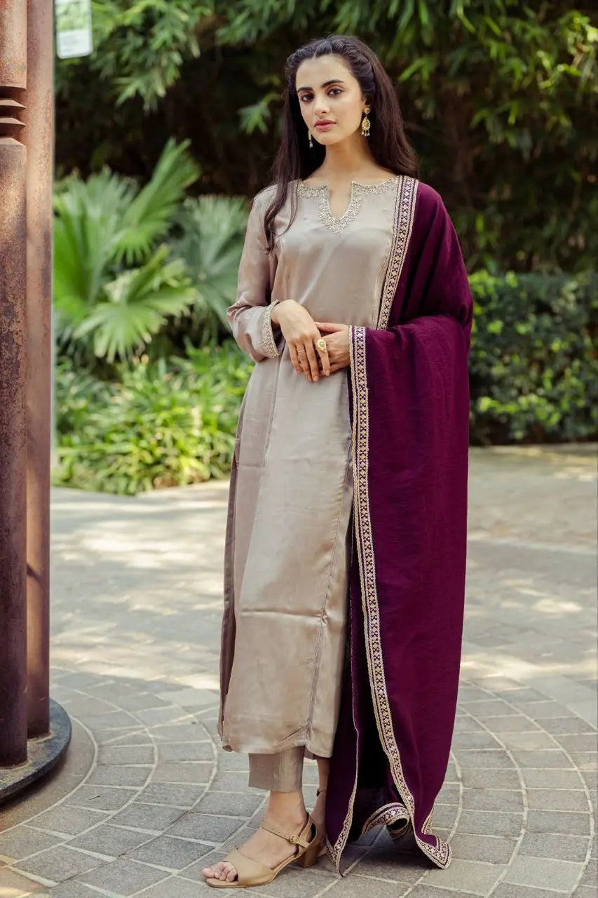New Roman Fabric Suit Set – Elegant Embroidered Women's Ethnic Wear NextBuy