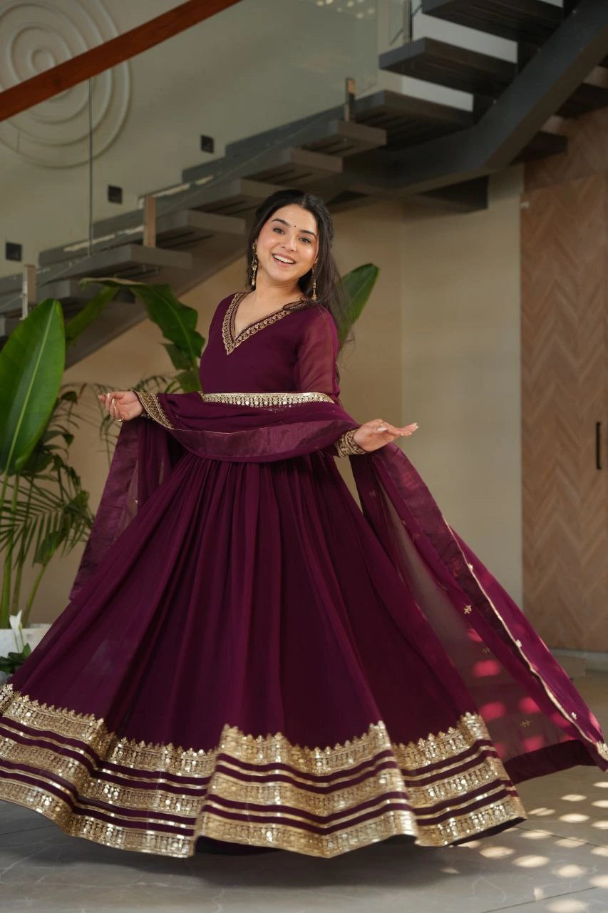 V-neck wedding gown with sequin and zari work