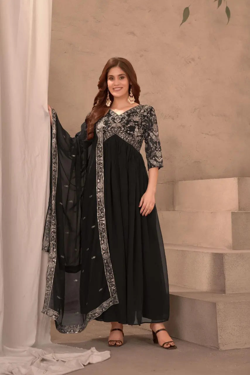 Black Embroidery Gown With Dupatta And Pant NextBuy