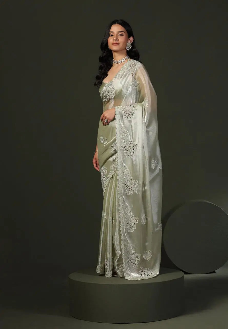 Burberry Silk Saree With Embroidery Cutwork and Stone Work Indian Party Saree NextBuy