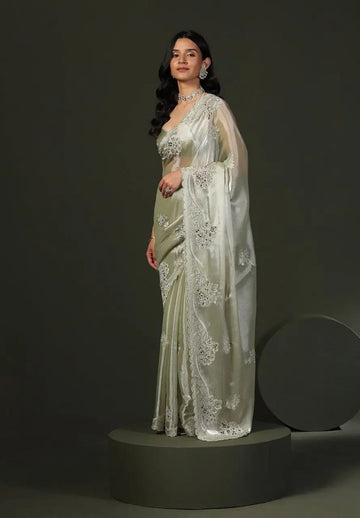 Burberry Silk Saree With Embroidery Cutwork and Stone Work Indian Party Saree NextBuy