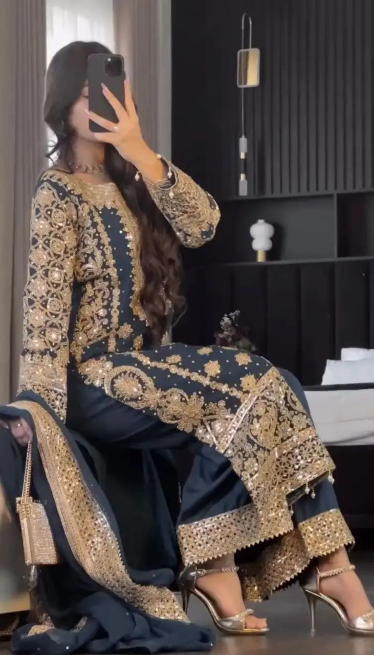 New Collection In Faux Georgette With Heavy Embroidery Sequence Work Top-Bottom And Dupatta Set NextBuy