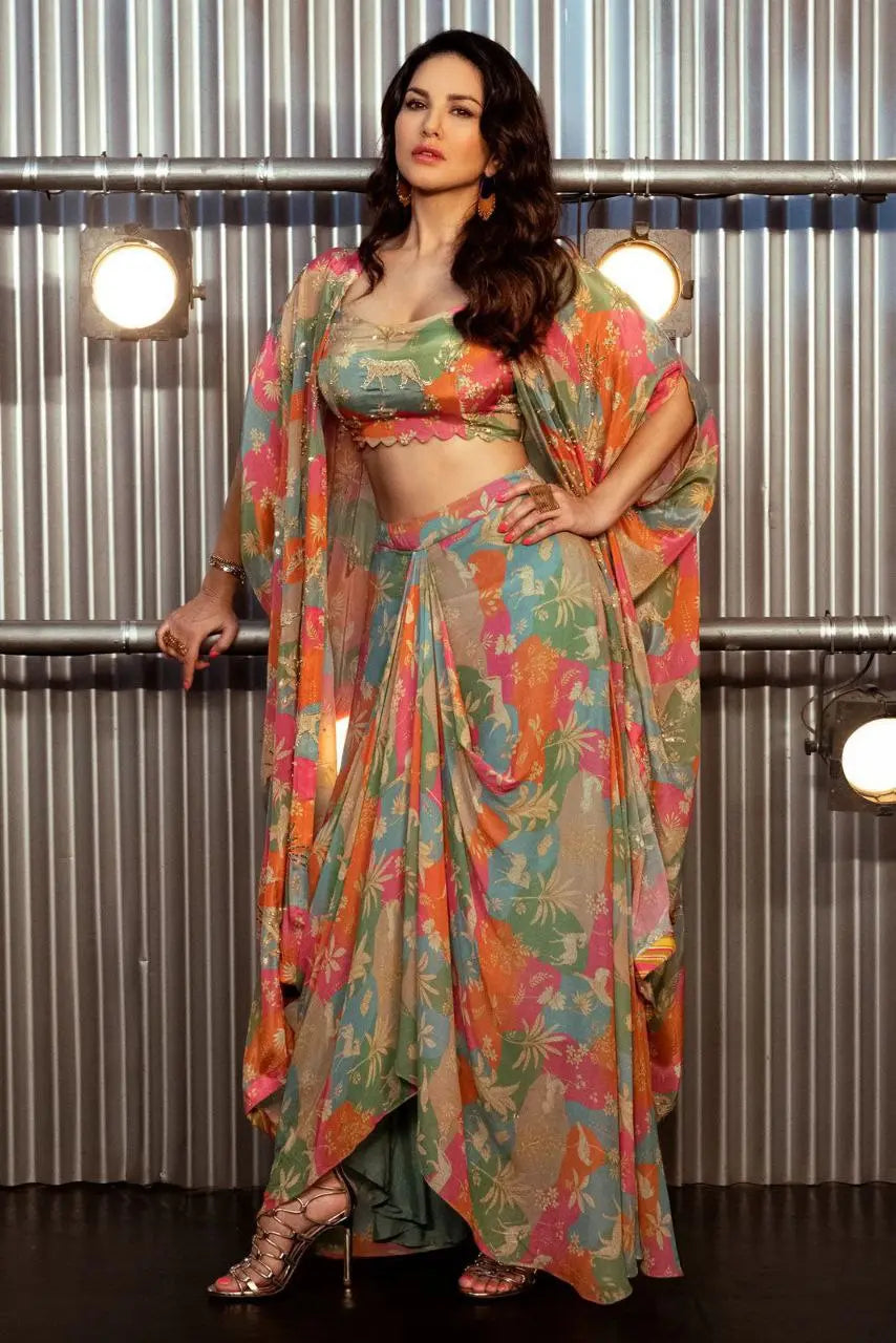 DESIGNER FANCY WESTERN STYLE CREAP SILK PRINTED AND PAN MIROR WORK KOTI, BLOUSE WITH WESTERN BOTTOM NextBuy