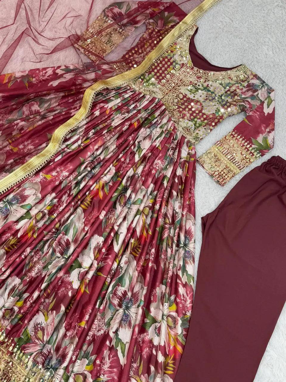 Elegant 3-Piece Gown Set with Dupatta & Bottom - Premium Chinon Silk with Embroidery Work NextBuy