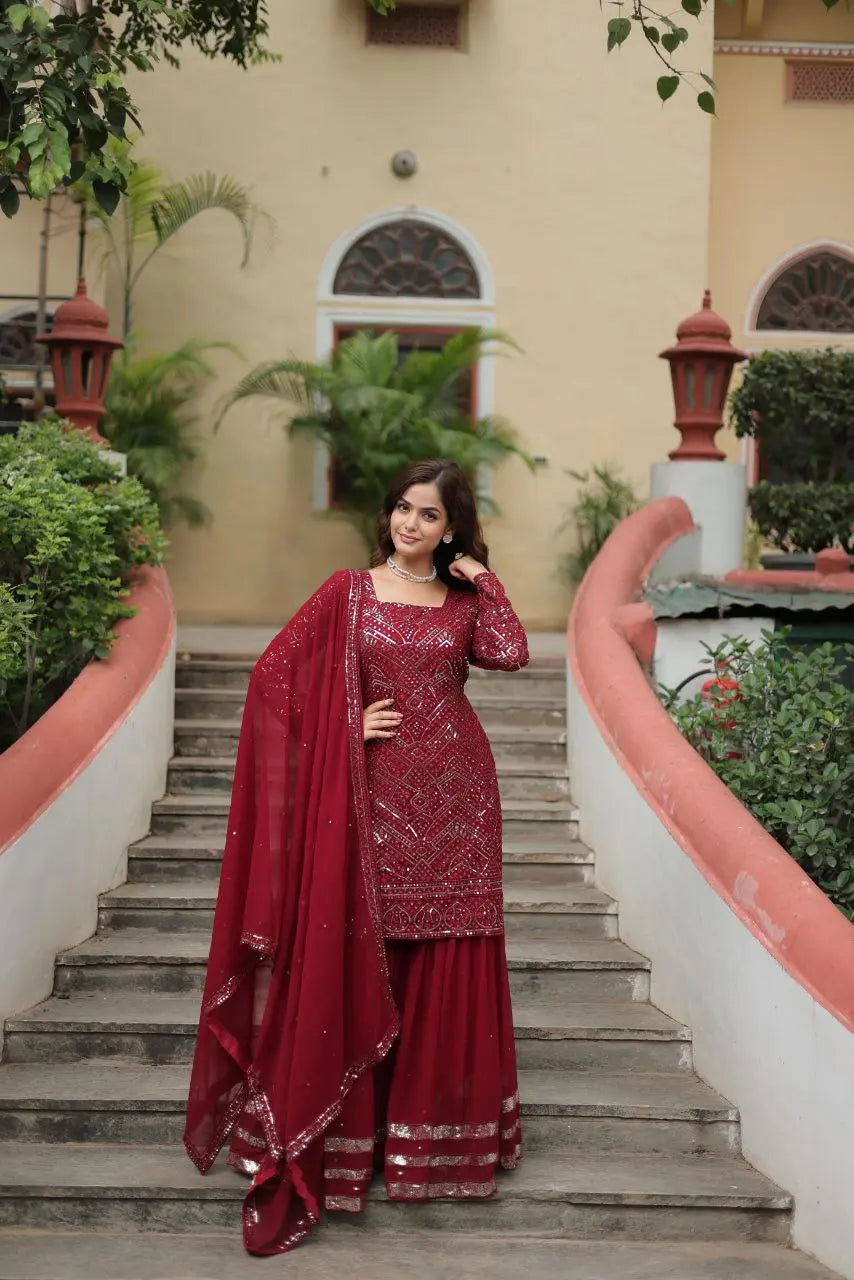 Designer Readymade Sharara Set – Embroidered Kurti, Flowy Sharara & Stylish Dupatta