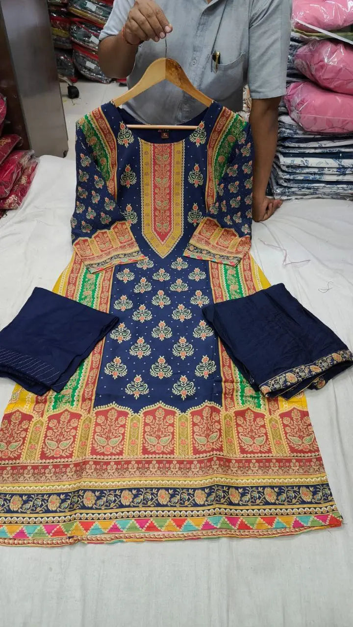 Pakistani Madhuri Blue Kurta Set with Printed Maslin Kurta, Rayon Pant, and Chanderi Dupatta