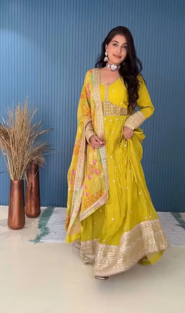 Designer Cinon Gown with Pant & Dupatta Set featuring 5mm sequence embroidery