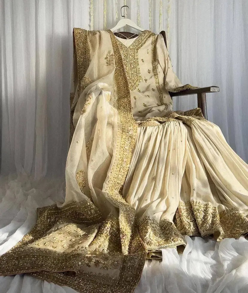 Fully Stitched Traditional Kurti Sharara Set in Chinon Silk with Sequins
