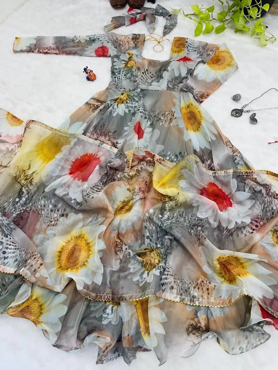 Luxury Gown with Dupatta in Digital Print Organza Taby Silk Fabric
