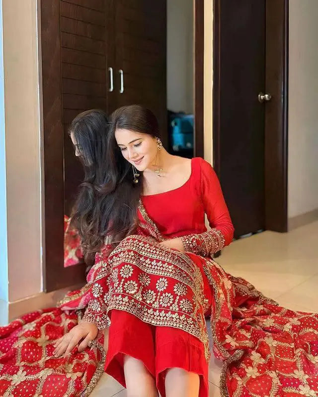 Heavy Embroidered Red Suit Set with Patola Dupatta – Perfect for Festive Wear