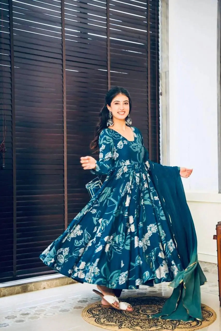 Festive Blue Muslin Suit Set with Premium Chinnon Fabric and Dupatta