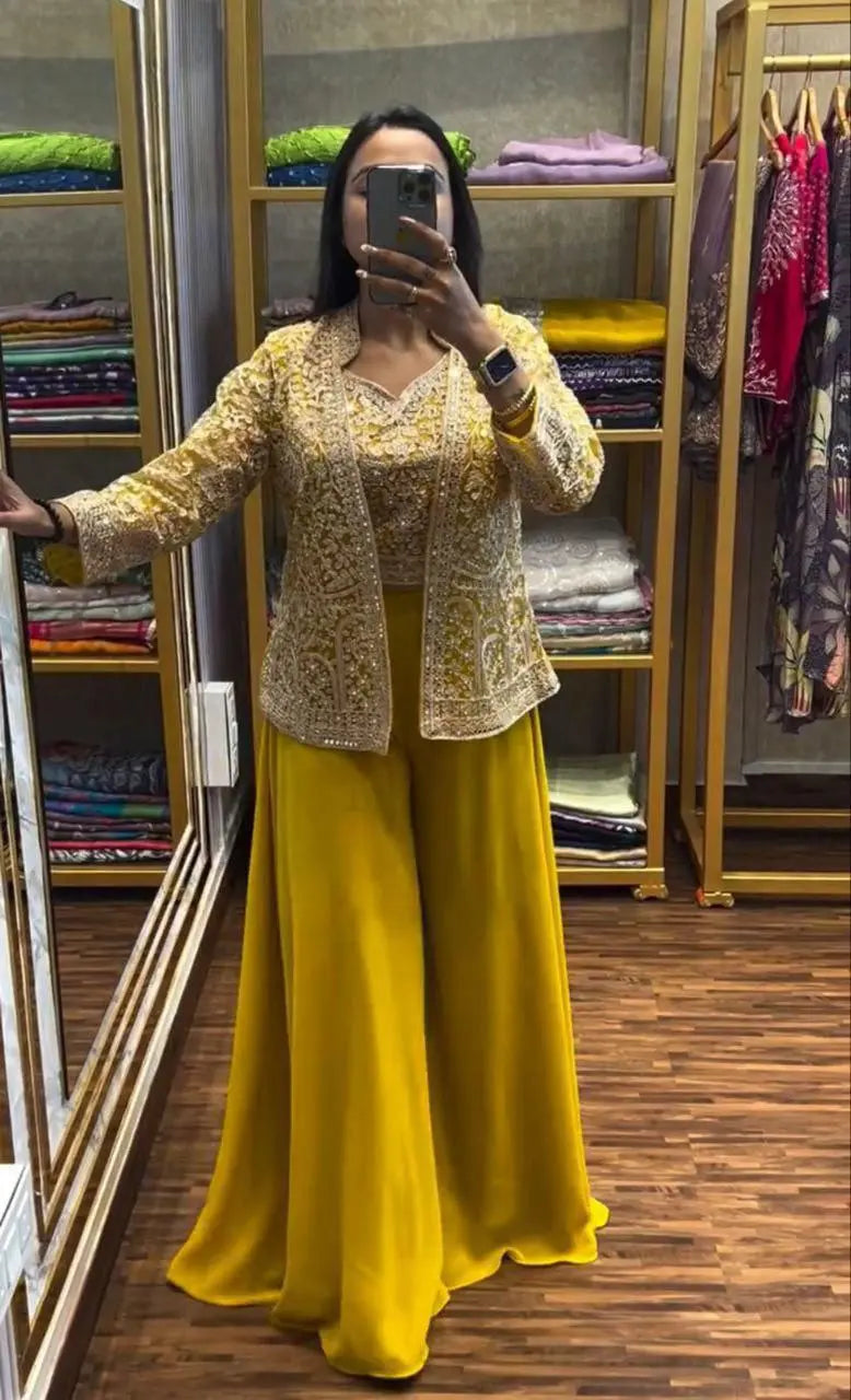 Stylish Ready Made Plazzo Set with Floral Embroidery Blouse & Shrug