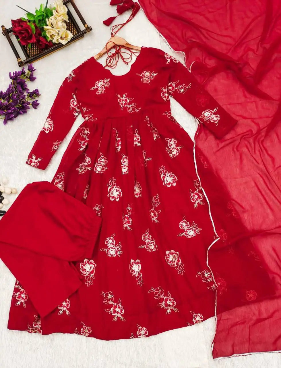 Designer Red Flake Suit Set – Perfect for weddings and special occasions with a graceful silhouette.