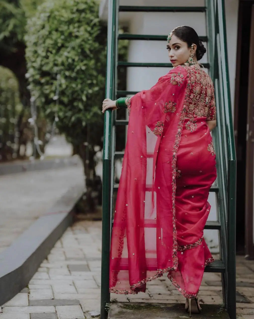 Embroidered Organza Silk Saree – Stunning ethnic wear with 3mm sequins work and designer borders.