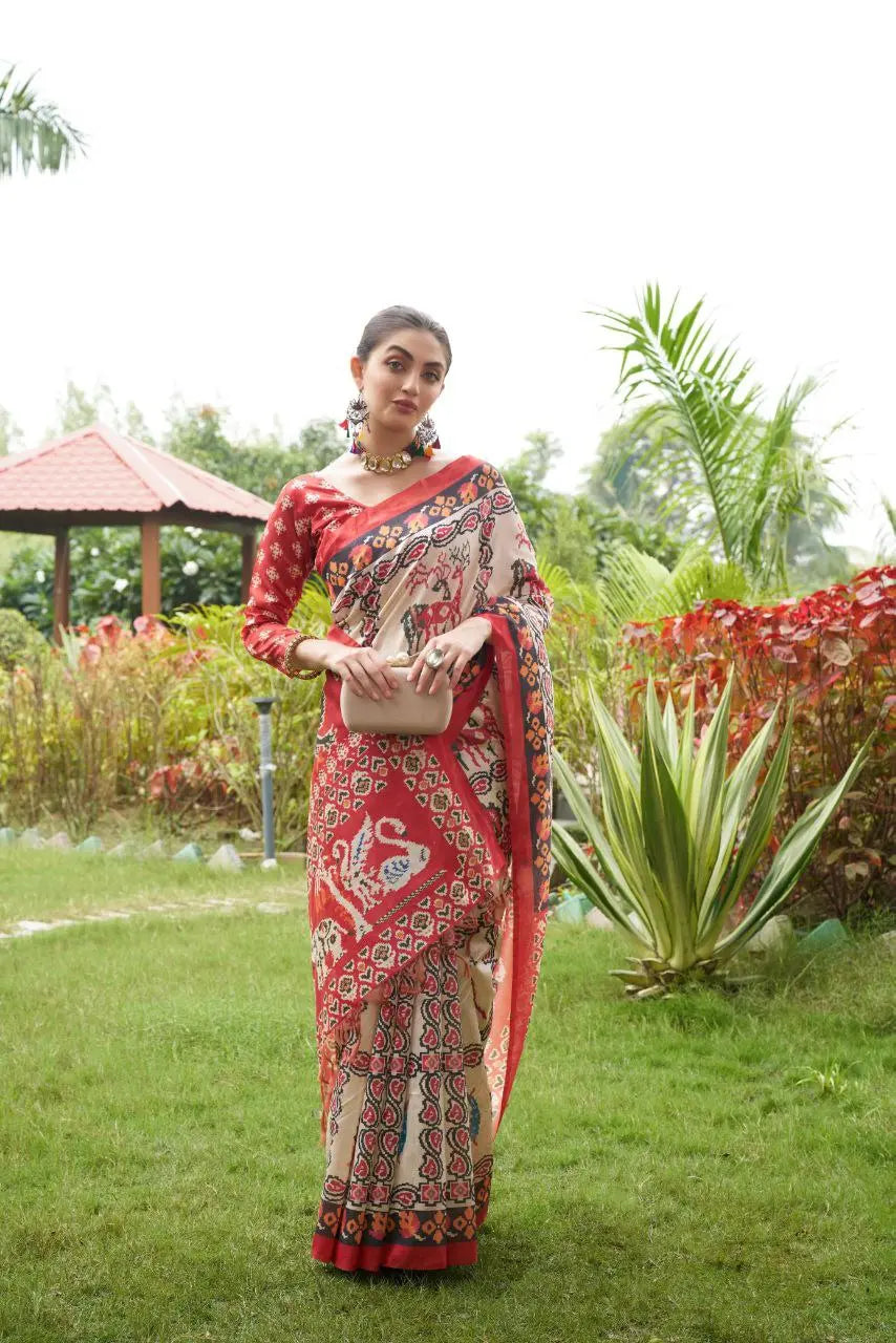 Tussar Silk Patola Saree – Festive wear saree with contrast pallu and matching blouse piece.
