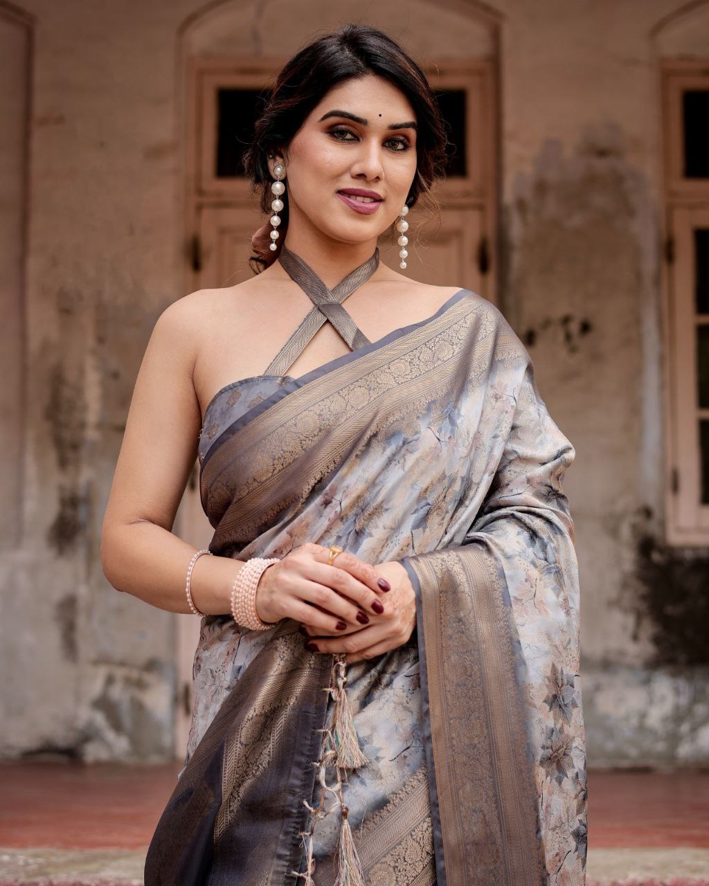 Elegant Banarasi Digital Printed Silk Saree – Charcoal Grey | Wedding & Party Wear NextBuy
