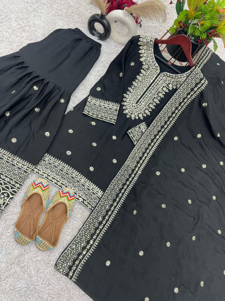 Chinnon Silk Embroidered Top with Sharara Plazo and Dupatta – Women’s Ethnic Set NextBuy