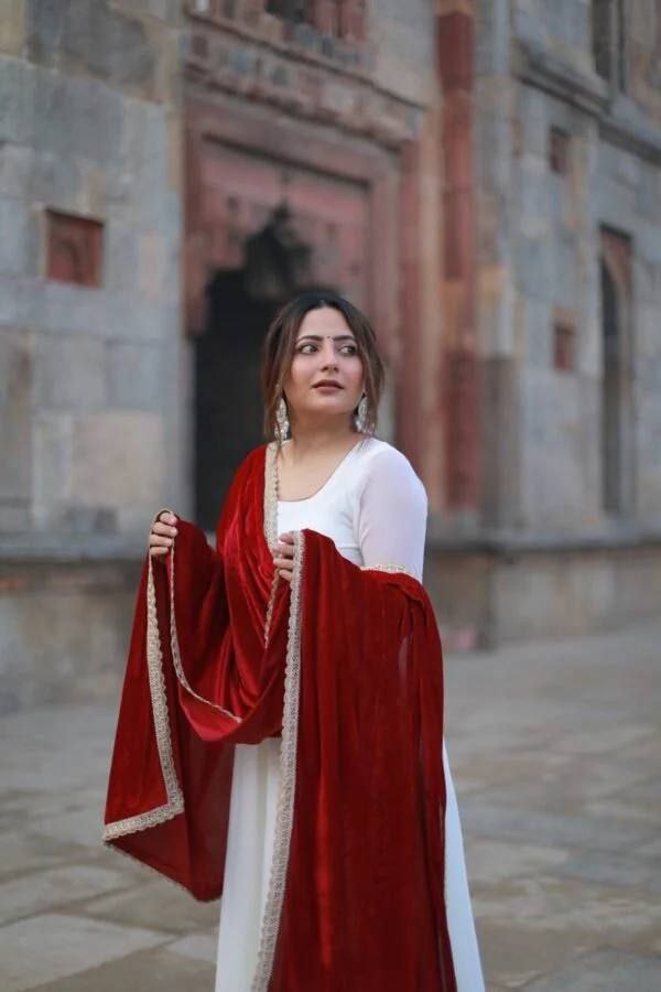 Elegant White Anarkali Suit with Velvet Dupatta – Premium Ethnic Wear NextBuy