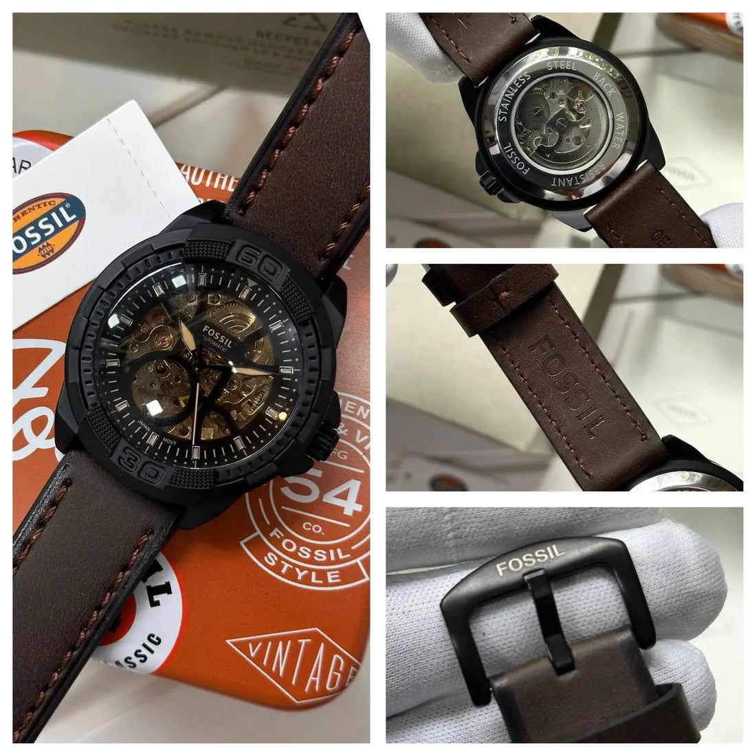 Fossil Men's Automatic Watch – A stylish timepiece from the 7AAA Premium Collection, featuring a brown leather strap and a captivating skeleton dial for a sophisticated look.