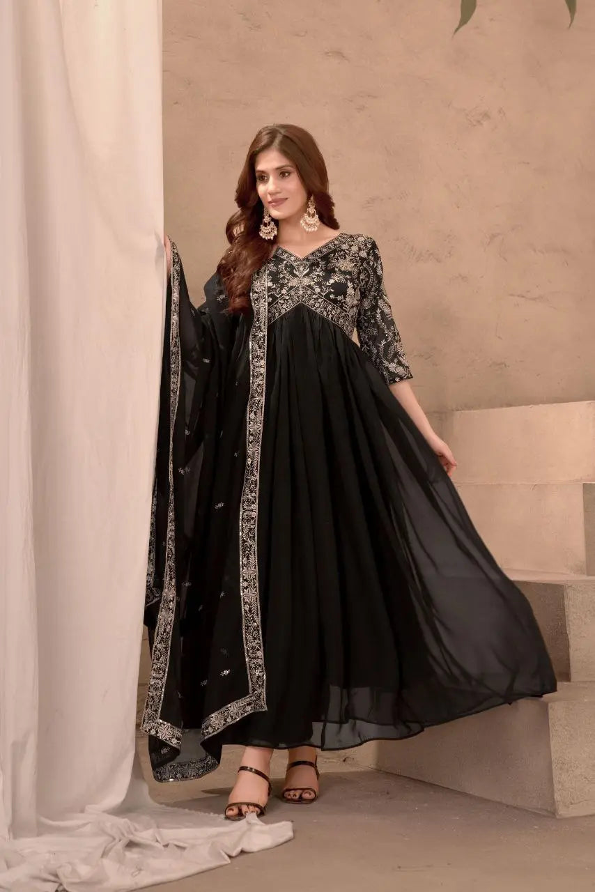 Black Embroidery Gown With Dupatta And Pant NextBuy