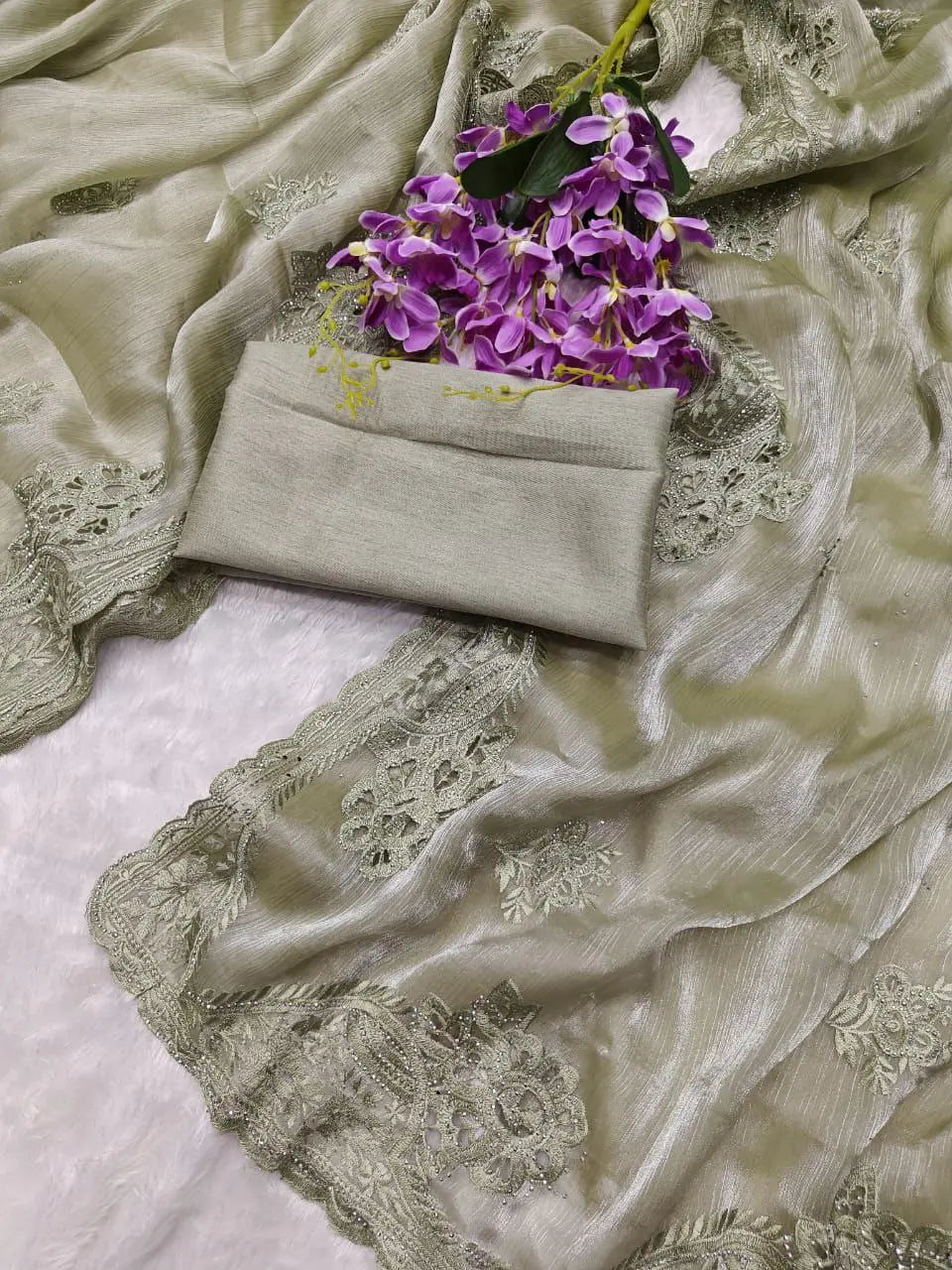 Burberry Silk Saree With Embroidery Cutwork and Stone Work Indian Party Saree NextBuy