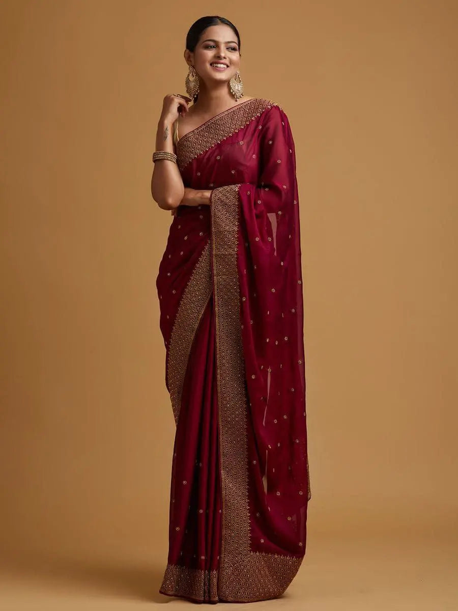 Wine Zariwork Semi Crepe Designer Saree NextBuy