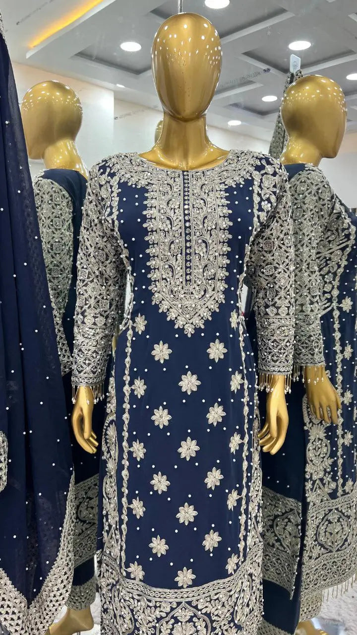 New Collection In Faux Georgette With Heavy Embroidery Sequence Work Top-Bottom And Dupatta Set NextBuy