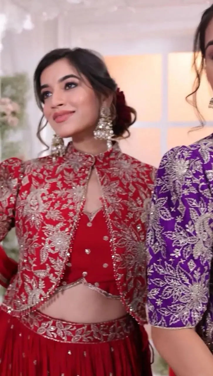 Designer Wedding Wear Crop Top Embroidery Work Lehenga Choli With Jacket (2 Colors) NextBuy
