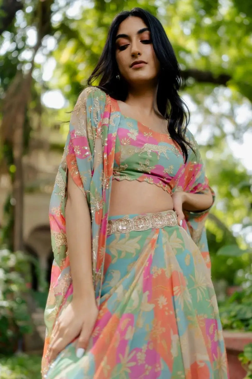 DESIGNER FANCY WESTERN STYLE CREAP SILK PRINTED AND PAN MIROR WORK KOTI, BLOUSE WITH WESTERN BOTTOM NextBuy