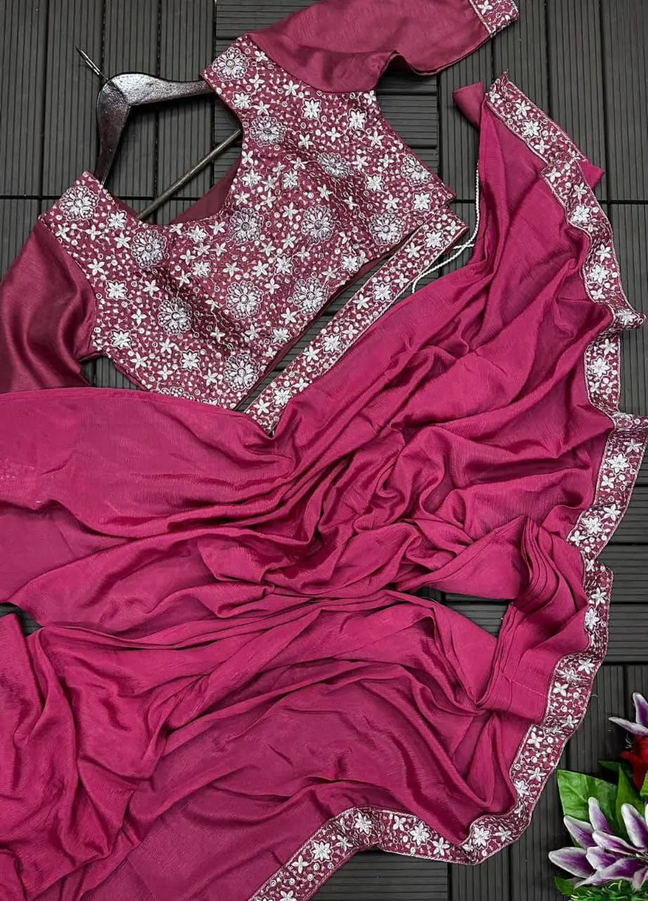 Super Trending Embroidery Cording Work Ready-to-Wear Saree with Embroidery Blouse NextBuy