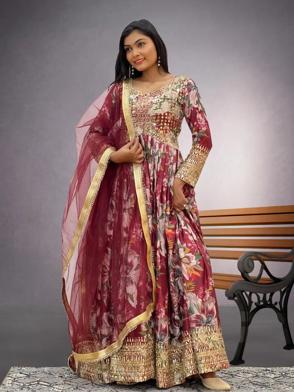 Elegant 3-Piece Gown Set with Dupatta & Bottom - Premium Chinon Silk with Embroidery Work NextBuy