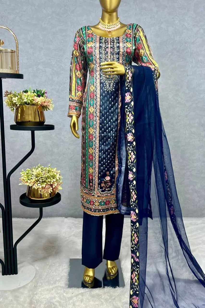 Elegant pure chinon silk top with digital print and real mirror handwork.