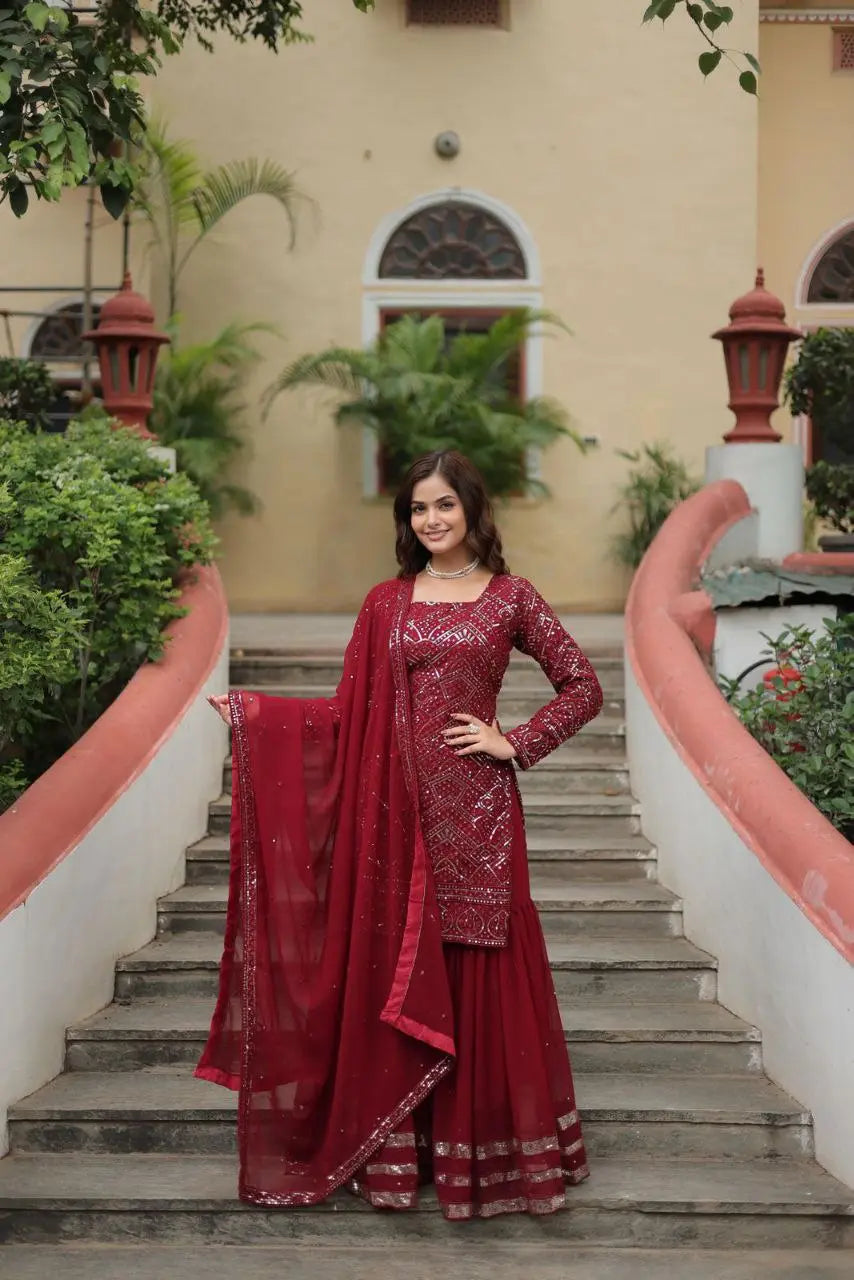 Premium Festive Wear Sharara Suit – Maroon Embroidered Ensemble for Weddings & Special Occasions