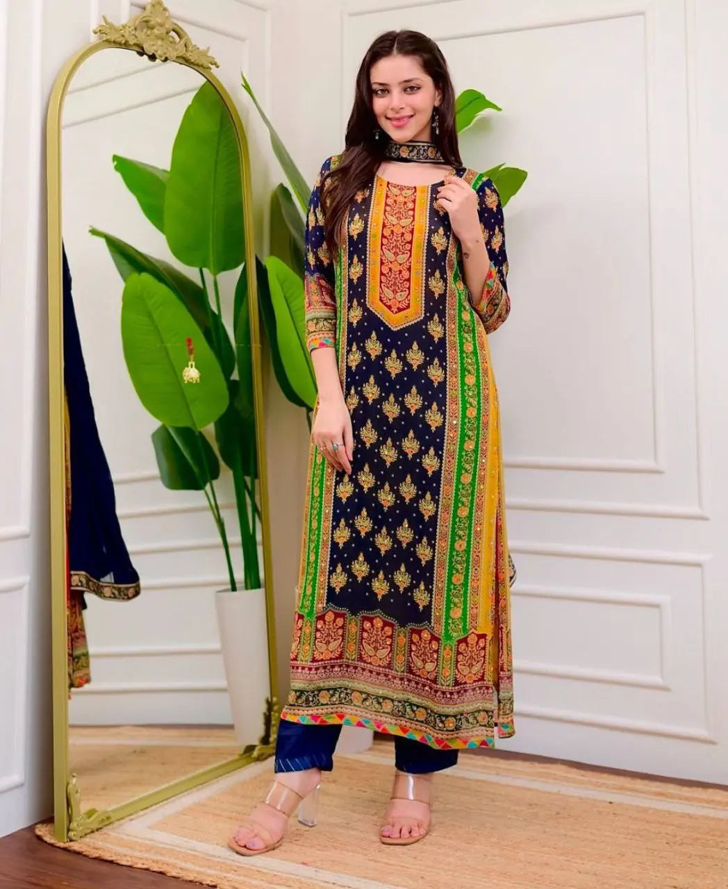 Pakistani Madhuri Blue Kurta Set – Maslin Kurta with Rayon Pants and Chanderi Dupatta