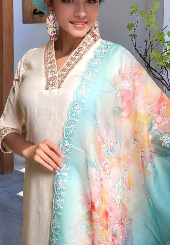 Stylish Pv Chanderi Cotton Set with Detailed Embroidery Work
