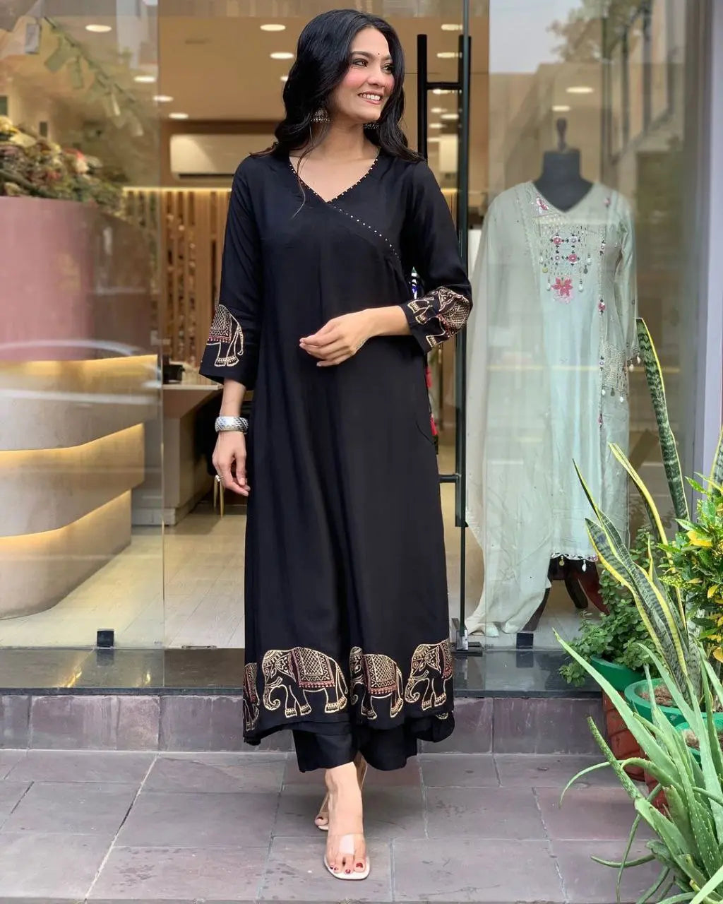 X-Lady 2025 Festival Collection Black Elephant Gold Print Suit