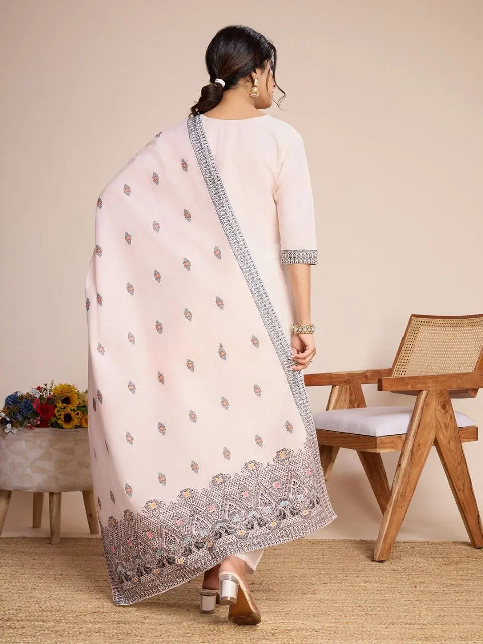 Beautiful Mirror Work Kurti Set with Round Neck and Three Quarter Sleeves