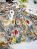 Stylish Party Wear Gown with Dupatta and Pant in Organza Taby Silk